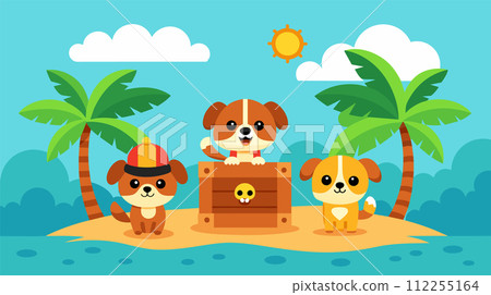 Cute cartoon dogs with treasure chest on a tropical island Cute cartoon dogs with treasure chest on a tropical island 112255164