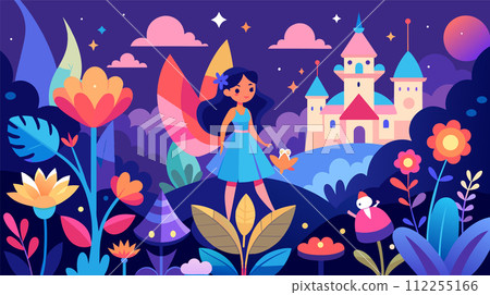 Enchanting fairy tale scene with fantasy castle and fairy character 112255166