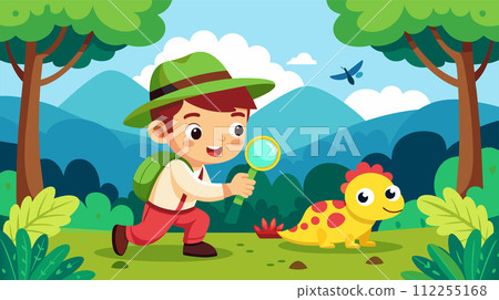 Adventurous boy with magnifying glass looking at cartoon dinosaur in forest Adventurous boy with magnifying glass looking at cartoon dinosaur in forest 112255168