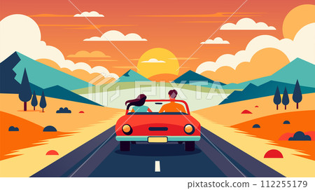 Scenic sunset road trip in convertible car, couple enjoying drive Scenic sunset road trip in convertible car, couple enjoying drive 112255179