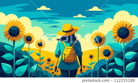 Woman walking in sunflower field - summer adventure vector illustration Woman walking in sunflower field - summer adventure vector illustration 112255189