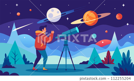 Astronomer using telescope for star gazing vector illustration 112255204