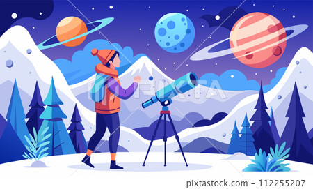 Astronomer with telescope observing planets in a winter night vector illustration Astronomer with telescope observing planets in a winter night vector illustration 112255207