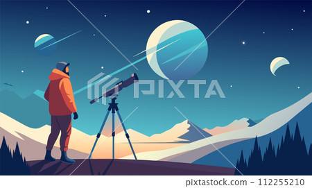 Astronomy enthusiast using telescope for stargazing in mountainous landscape vector illustration Astronomy enthusiast using telescope for stargazing in mountainous landscape vector illustration 112255210