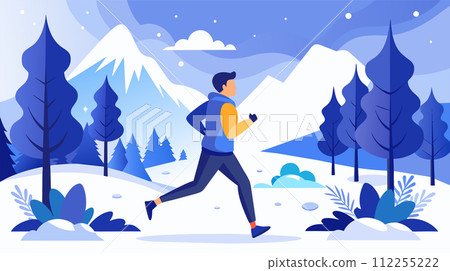 Winter jogging man vector illustration in snowy mountain landscape 112255222