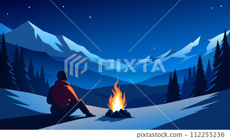 Solitary man enjoying peaceful campfire in snowy mountain landscape at night 112255236