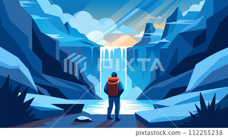 Explorer observing a frozen waterfall in a winter landscape vector illustration Explorer observing a frozen waterfall in a winter landscape vector illustration 112255238