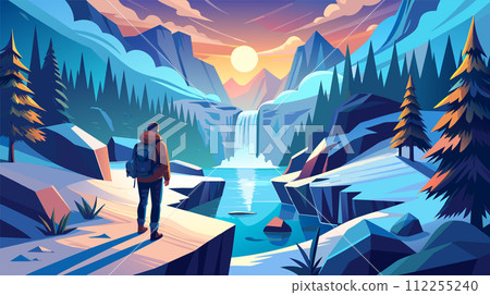 Scenic sunset view in a vector illustrated mountain landscape with a lone explorer Scenic sunset view in a vector illustrated mountain landscape with a lone explorer 112255240