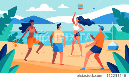 Friends playing beach volleyball vector illustration, summer sports concept 112255246