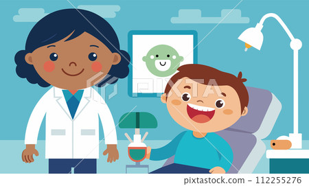 Pediatric dentist and happy child in dental office 112255276