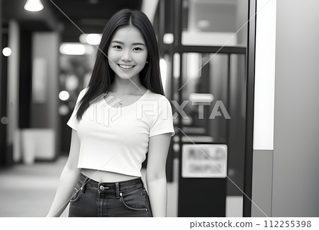 Cinematic girl smiles phone captures maximum details. 112255398