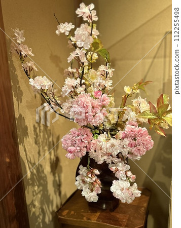 女兒節的桃花裝飾，日式房間華麗的花卉佈置和壁龕，傳統的日式春季裝飾 112255498