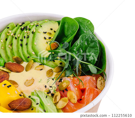 Hawaiian Poke Bowl with Salmon isolated on white 112255610