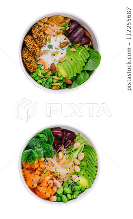 Hawaiian Poke Bowls with Salmon, Avocado and Cucumber 112255687