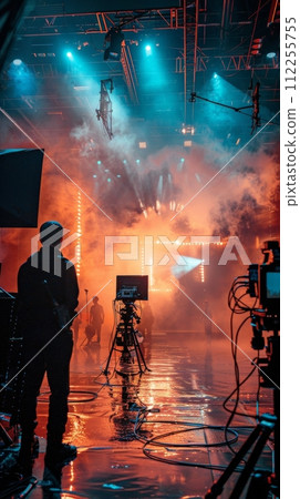 AI-generated content. Behind the scene, shooting video production and film crew team. Silhouette of man, director in studio. AI-generated content. Behind the scene, shooting video production and film crew team. Silhouette of man, director in studio. 112255755