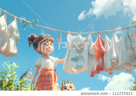 Cute girl and drying laundry-1 "AI generated image" 112255821