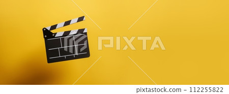 AI-generated content. Clapperboard, movie slate, used in film production and cinema, movies industry isolated over bright yellow background 112255822