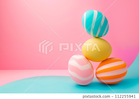 A collection of colorful pastel Easter eggs with different texture. Spring holiday background of Happy Easter 112255941