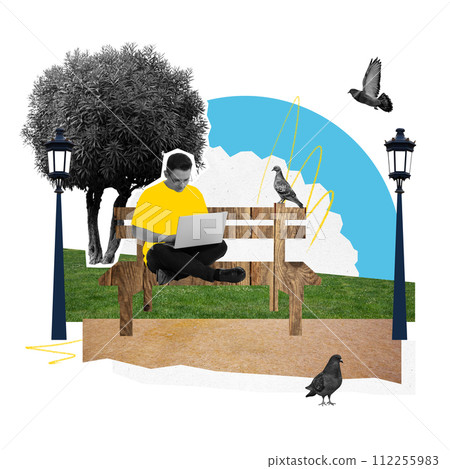 Contemporary art collage. Young man studying online sitting on bench at park while pigeons flying around. 112255983