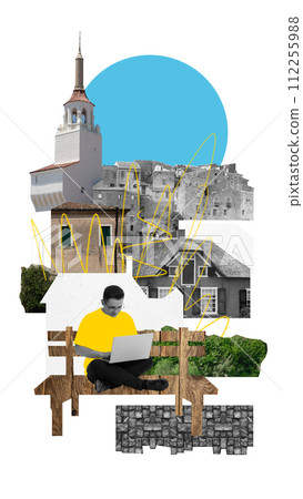 Modern aesthetic artwork. Young man, student sitting on bench and using laptop surrounded architecture buildings, castles. Modern aesthetic artwork. Young man, student sitting on bench and using laptop surrounded architecture buildings, castles. 112255988