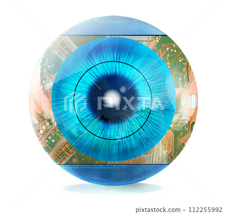 a blue eye with electronic circuit board illustration, concept of computer and AI vision a blue eye with electronic circuit board illustration, concept of computer and AI vision 112255992