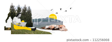 Banner. Contemporary art collage. Young lady working in a distance, Businesswoman employee speak talk on video call while sitting in forest or park. Banner. Contemporary art collage. Young lady working in a distance, Businesswoman employee speak talk on video call while sitting in forest or park. 112256008