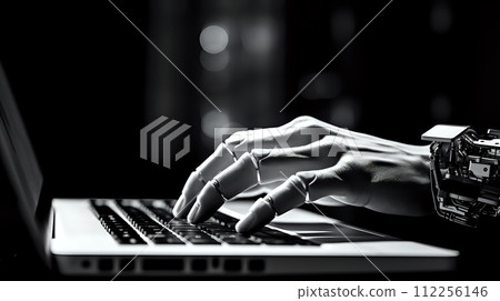 A black and white image of a robotic hand typing on a laptop key 112256146