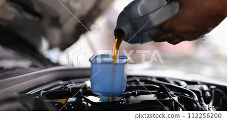 Mechanic pouring engine oil into engine in car service Mechanic pouring engine oil into engine in car service 112256200