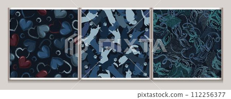 Blue camo patterns with silhouettes of cats, hearts, head carnival masks. Dense composition with overlapping elements. For apparel, fabric, textile, sport goods design Blue camo patterns with silhouettes of cats, hearts, head carnival masks. Dense composition with overlapping elements. For apparel, fabric, textile, sport goods design 112256377