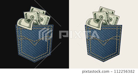 Composition with denim back pocket and sticking out 100 USD dollar notes. Composition in vintage style on black, white background 112256382