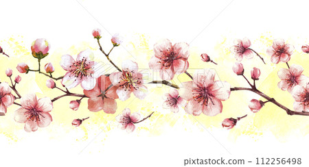 Blossoming branch from tree, sakura, cherry or apple buds flowers seamless border, pattern on yellow watercolor stains background. Spring blossoms, springtime clipart. Hand drawn isolated illustration Blossoming branch from tree, sakura, cherry or apple buds flowers seamless border, pattern on yellow watercolor stains background. Spring blossoms, springtime clipart. Hand drawn isolated illustration 112256498