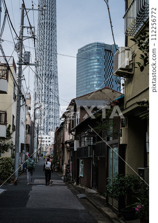 A back alley with a view of Tokyo's Oshiage Skytree 112256772