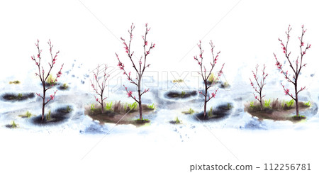Primary plants, blossoming spring trees of cherry, sakura, apricot, peach flowers on background of melting snow seamless border, pattern illustration. Hand drawn watercolor landscape isolated clipart Primary plants, blossoming spring trees of cherry, sakura, apricot, peach flowers on background of melting snow seamless border, pattern illustration. Hand drawn watercolor landscape isolated clipart 112256781