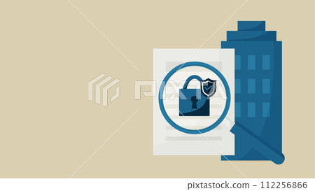 企業資訊揭露。我正在用放大鏡查看檔案。有一把由盾牌保護的掛鎖。 112256866