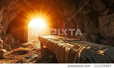 biblical scene of Resurrection Of Jesus Christ, Tomb Empty with sun rayes,  Easter 112256907