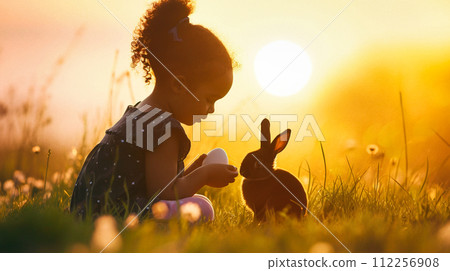 silhouette of girl and bunny, easter sunny background silhouette of girl and bunny, easter sunny background 112256908
