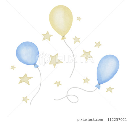 Air Balloons watercolor set. Hand drawn illustration with light blue and yellow pastel Ballons. Cute set for birthday party greeting cards or Baby shower invitations. Collection with stars. Air Balloons watercolor set. Hand drawn illustration with light blue and yellow pastel Ballons. Cute set for birthday party greeting cards or Baby shower invitations. Collection with stars. 112257021