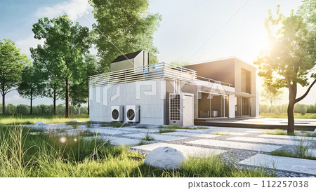 modern house building with heat pump, concept of Sustainable Energy Efficient Home 112257038