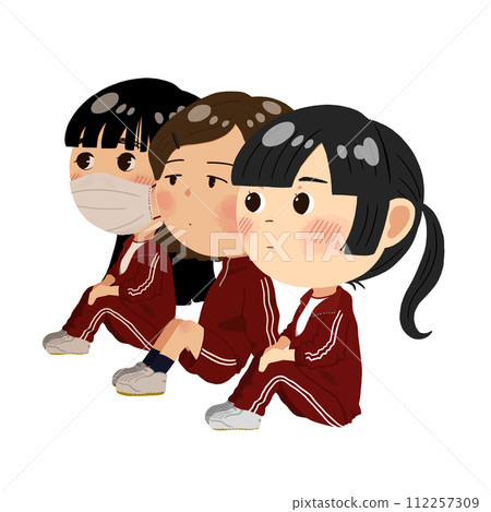 Illustration of female students wearing gym clothes and jerseys doing physical education sitting [group of three] 112257309