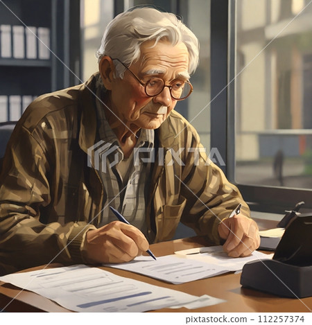 Elderly man filling out documents Elderly man filling out documents 112257374