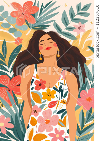 AI-generated content. Embracing body positivity and self-love: a plus-size woman in a floral dress against a multi-colored natural background is pleased with herself and enjoys life. 112257610
