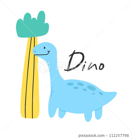 Cute childish dino print in flat scandinavian style. Poster with dino and lettering. Vector illustration.. 112257798