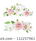 Delicate spring flowers bouquet. Floral wreath vector watercolor illustration. Blush pink rose, white lisanthus, dahlia, delicate greenery leaves, eucalyptus branches, seeds. Editable chic element set Delicate spring flowers bouquet. Floral wreath vector watercolor illustration. Blush pink rose, white lisanthus, dahlia, delicate greenery leaves, eucalyptus branches, seeds. Editable chic element set 112257961
