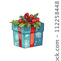 Gift vector illustration. Christmas New Year decoration box. Drawn in cartoon watercolor style isolated on a white background. 112258448