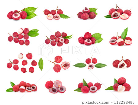 Lychee with leaves isolated on white background. Lychee with leaves isolated on white background. 112258493