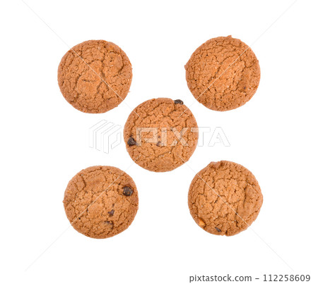 Top view of Chocolate chip cookie isolated on white background Top view of Chocolate chip cookie isolated on white background 112258609