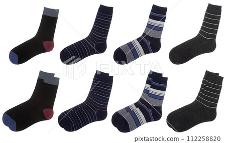 Assorted mens crew socks collection on white background Assorted mens crew socks collection on white background 112258820