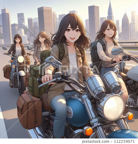 Women enjoying touring on motorcycles 112259071