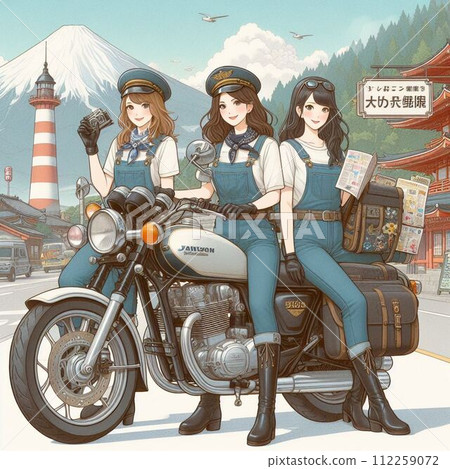 Women enjoying touring on motorcycles 112259072