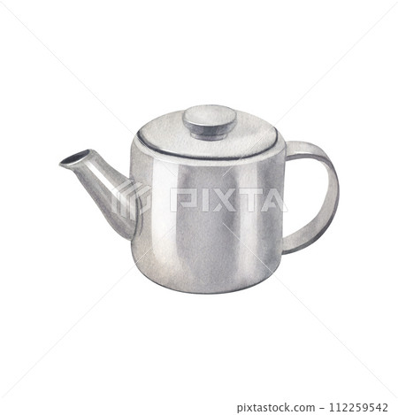 Porcelain ceramic white teapot for tea. Watercolor hand-drawn illustration isolated on white background. Perfect for recipe lists with drinks, brochures for cafe. Side view Porcelain ceramic white teapot for tea. Watercolor hand-drawn illustration isolated on white background. Perfect for recipe lists with drinks, brochures for cafe. Side view 112259542